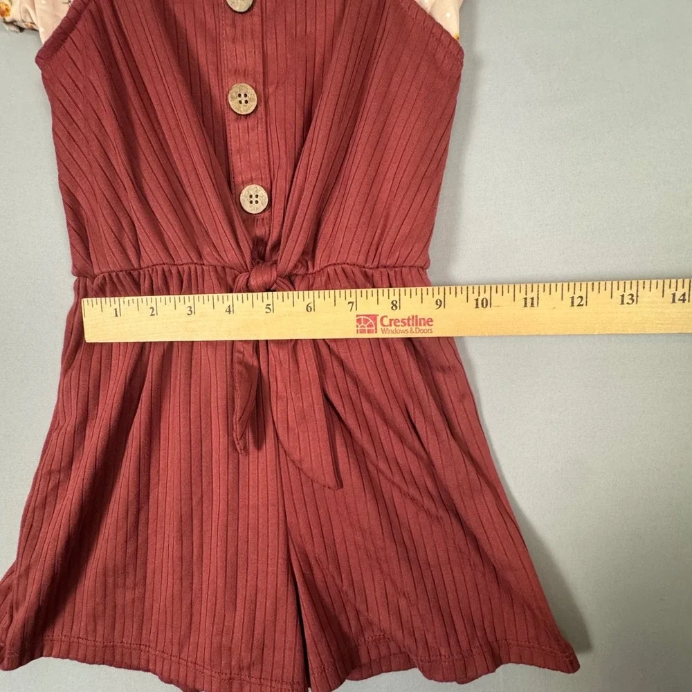 Lily Bleu Romper Set Kids Size 7 Rust Red Floral Ribbed 2pc NWOT